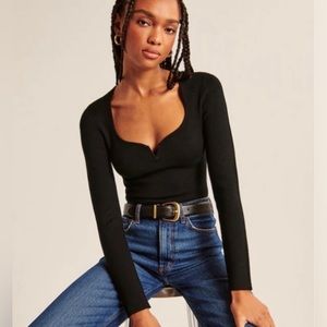 Abercrombie Black Notch Sweetheart Bodysuit Sweater Knit Size Small Ribbed